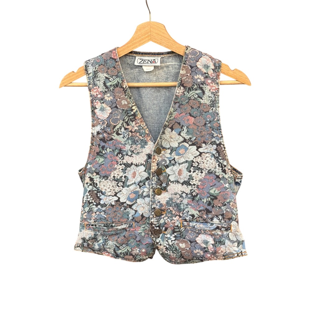 Vintage 90's Zena Denim Vest Floral Tapestry Acid Wash Cottagecore Boho Western